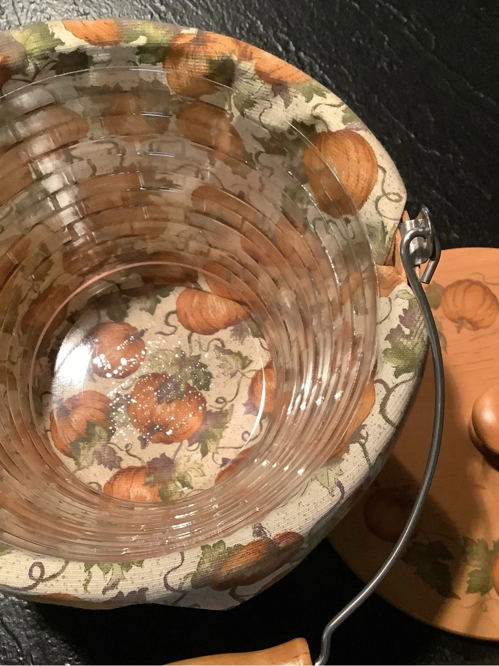 Longaberger Pumpkin Woven Basket with Painted Lid, liner, protector and charm.